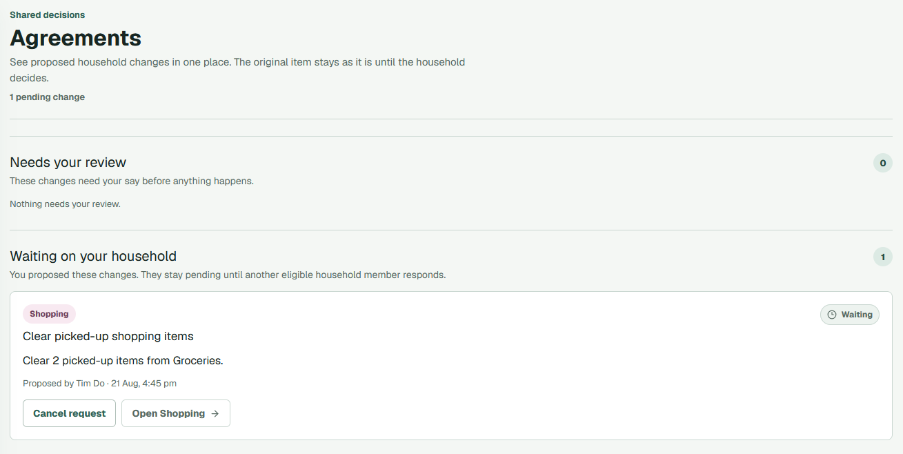 Nest Agreements screen showing a shopping change waiting for another household member