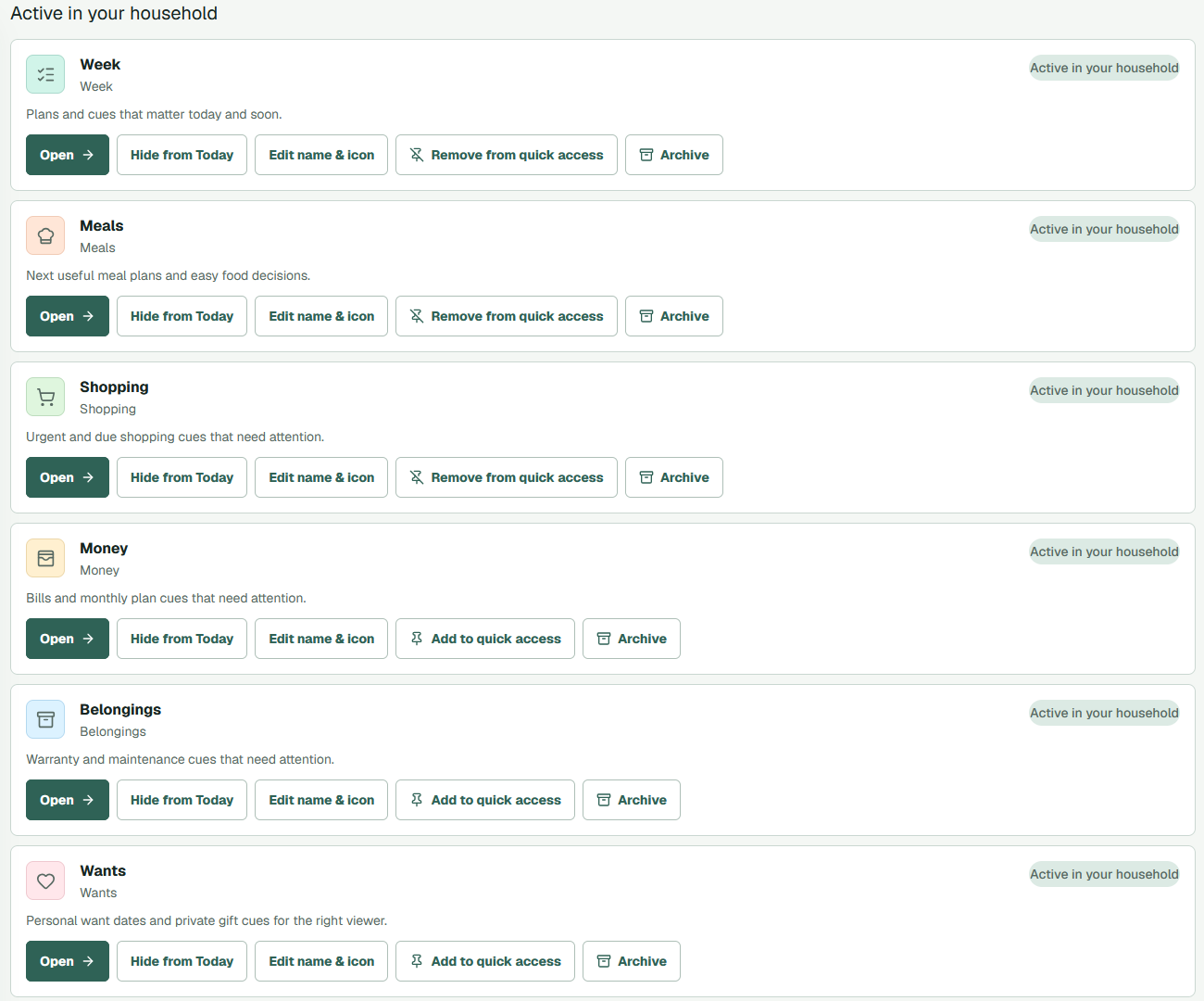 Nest Spaces screen listing Week, Meals, Shopping, Money, Belongings and Wants