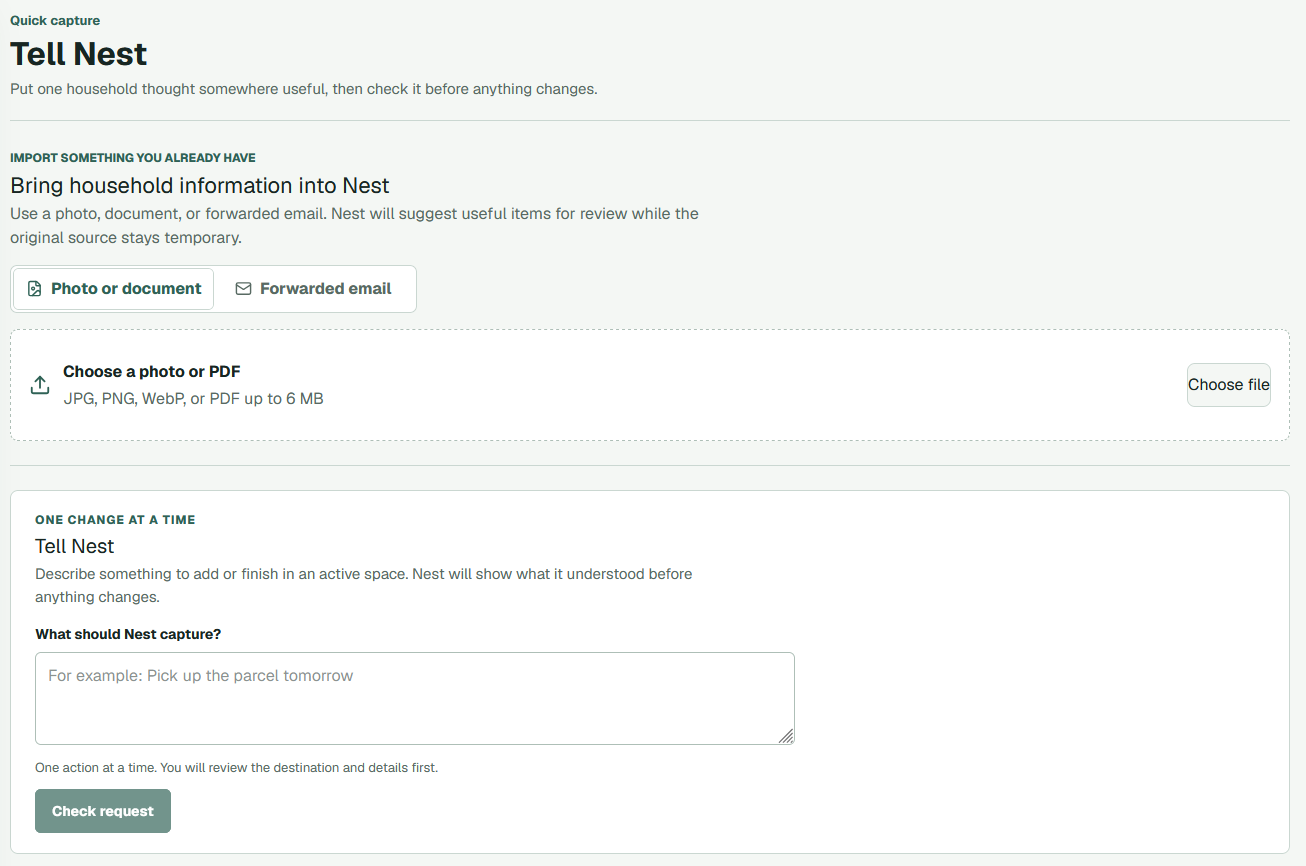 Tell Nest screen with document import and a natural-language household request form