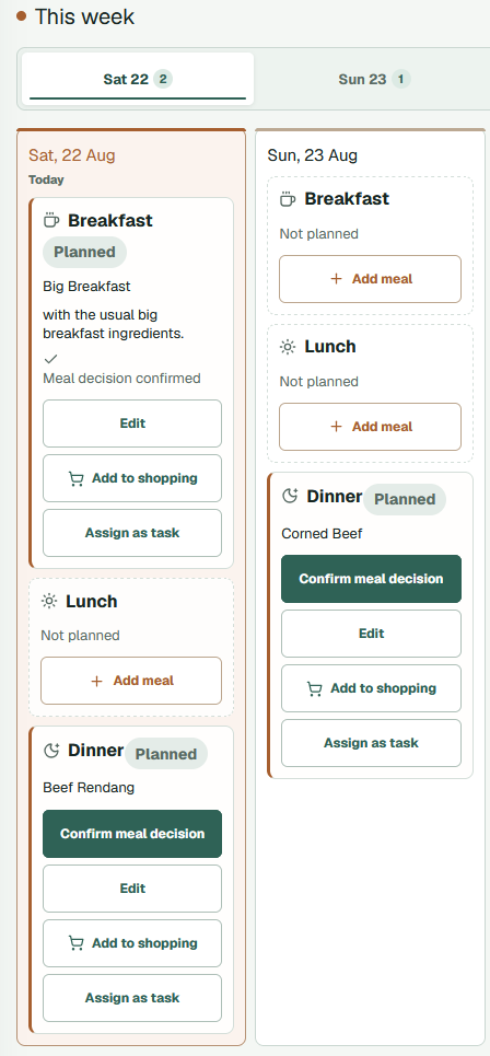 Nest Week meal plan on a narrow screen with breakfast, lunch and dinner decisions